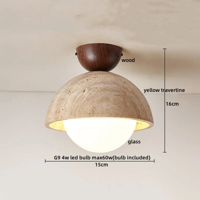 Travero Flush Ceiling Light – Wabi-Sabi Travertine Stone Lamp | Minimalist Natural Lighting for Modern Interiors