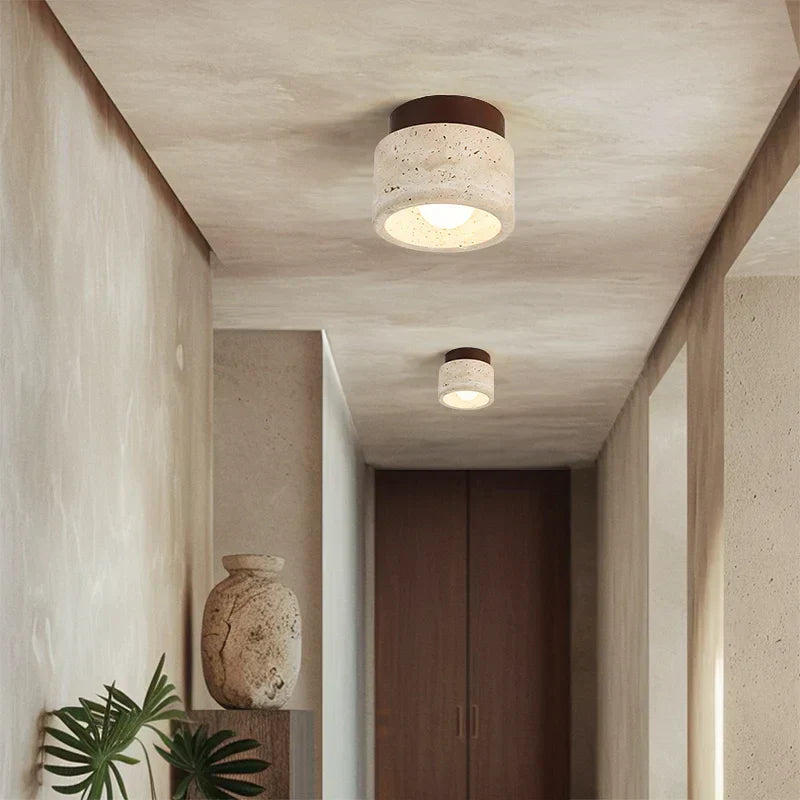 Travertine & Walnut Ceiling Light – Wabi-Sabi Japandi Flush Mount Lamp | Natural Ambient Interior Lighting