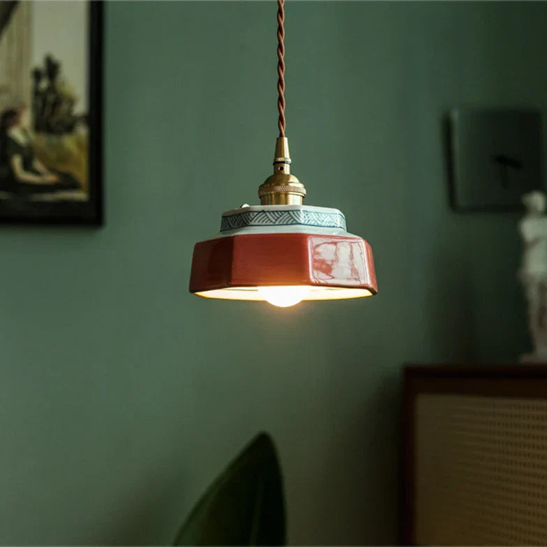 Dark Green Ceramic Pendant Light with Copper Finish – Retro Nordic Ceiling Lamp | Elegant Ambient Lighting