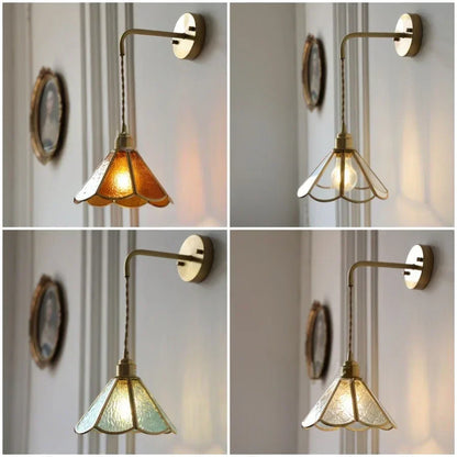 Nordic Tiffany Glass Wall Light – Copper LED Wall Lamp with Pull Cord Switch | Elegant Ambient Lighting | Timeless Interior Accent