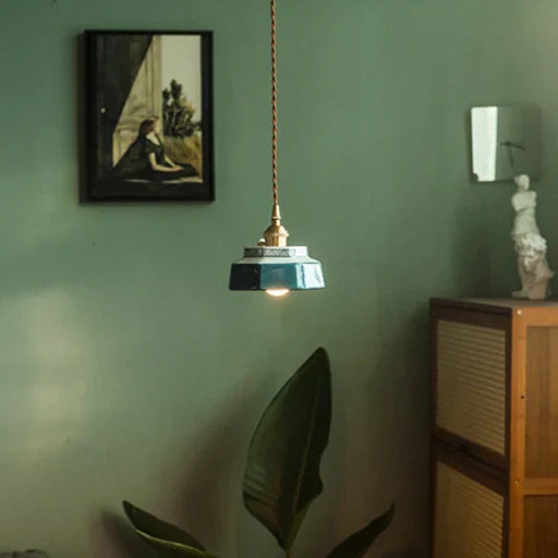 Dark Green Ceramic Pendant Light with Copper Finish – Retro Nordic Ceiling Lamp | Elegant Ambient Lighting