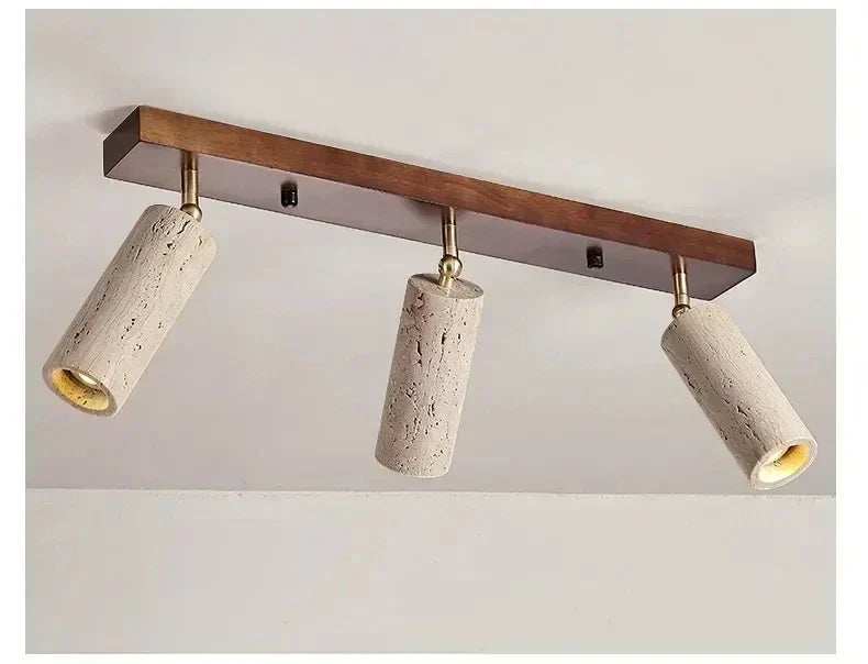 Travertine & Wood Ceiling Spotlight – Wabi-Sabi LED Flush Mount Light | Japandi Accent Interior Lighting