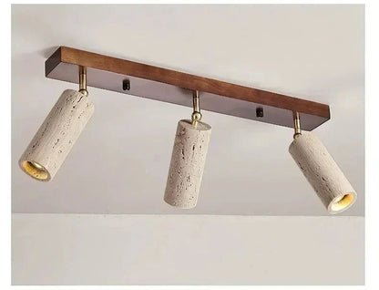 Travertine & Wood Ceiling Spotlight – Wabi-Sabi LED Flush Mount Light | Japandi Accent Interior Lighting