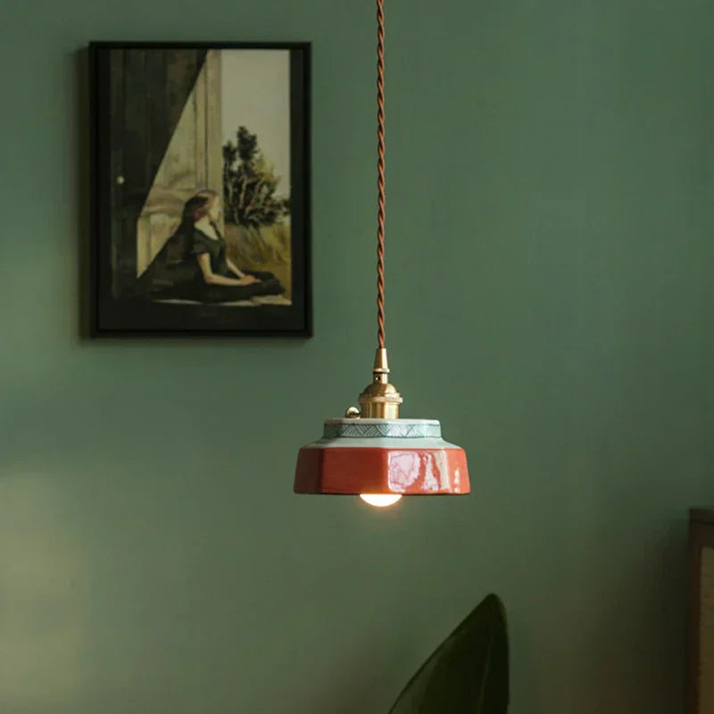 Dark Green Ceramic Pendant Light with Copper Finish – Retro Nordic Ceiling Lamp | Elegant Ambient Lighting