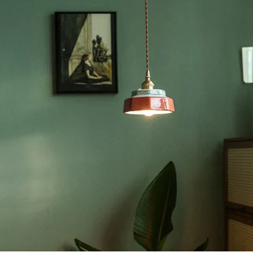 Dark Green Ceramic Pendant Light with Copper Finish – Retro Nordic Ceiling Lamp | Elegant Ambient Lighting