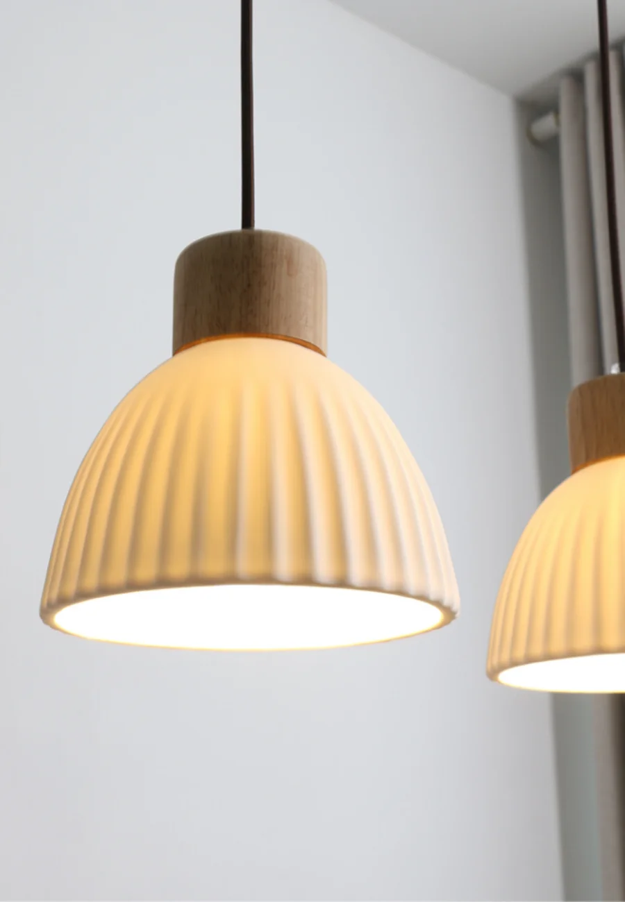 Ceramic & Wood Pendant Light – Modern Nordic LED Hanging Lamp | Natural Contemporary Lighting