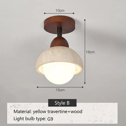 Travertine & Walnut Ceiling Light – Wabi-Sabi Japandi Flush Mount Lamp | Natural Ambient Interior Lighting