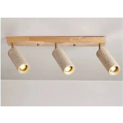 Travertine & Wood Ceiling Spotlight – Wabi-Sabi LED Flush Mount Light | Japandi Accent Interior Lighting