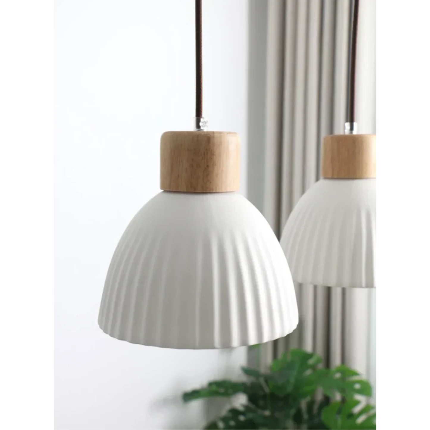Ceramic & Wood Pendant Light – Modern Nordic LED Hanging Lamp | Natural Contemporary Lighting