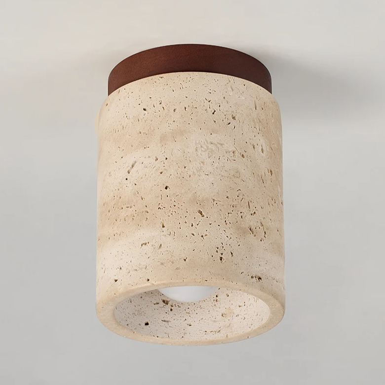 Travertine & Walnut Ceiling Light – Wabi-Sabi Japandi Flush Mount Lamp | Natural Ambient Interior Lighting