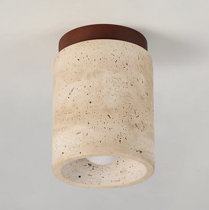 Travertine & Walnut Ceiling Light – Wabi-Sabi Japandi Flush Mount Lamp | Natural Ambient Interior Lighting