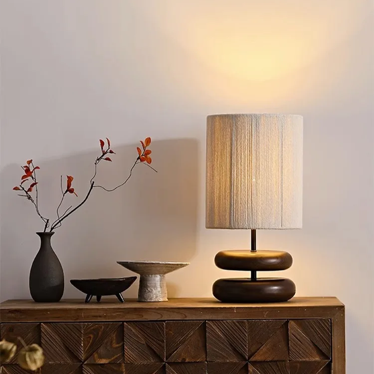 Japanese Wood Table Lamp with Jute Detail – Minimalist LED Bedside Light | Warm Zen Interior Lighting