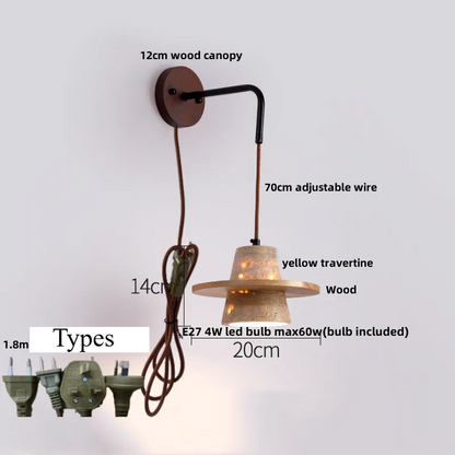 Travero Pull Wall Light – Travertine Stone & Wood LED Lamp | Scandinavian Ambient Lighting | Natural Interior Elegance