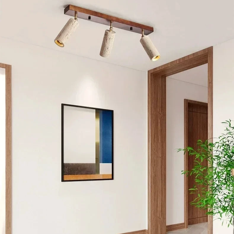 Travertine & Wood Ceiling Spotlight – Wabi-Sabi LED Flush Mount Light | Japandi Accent Interior Lighting
