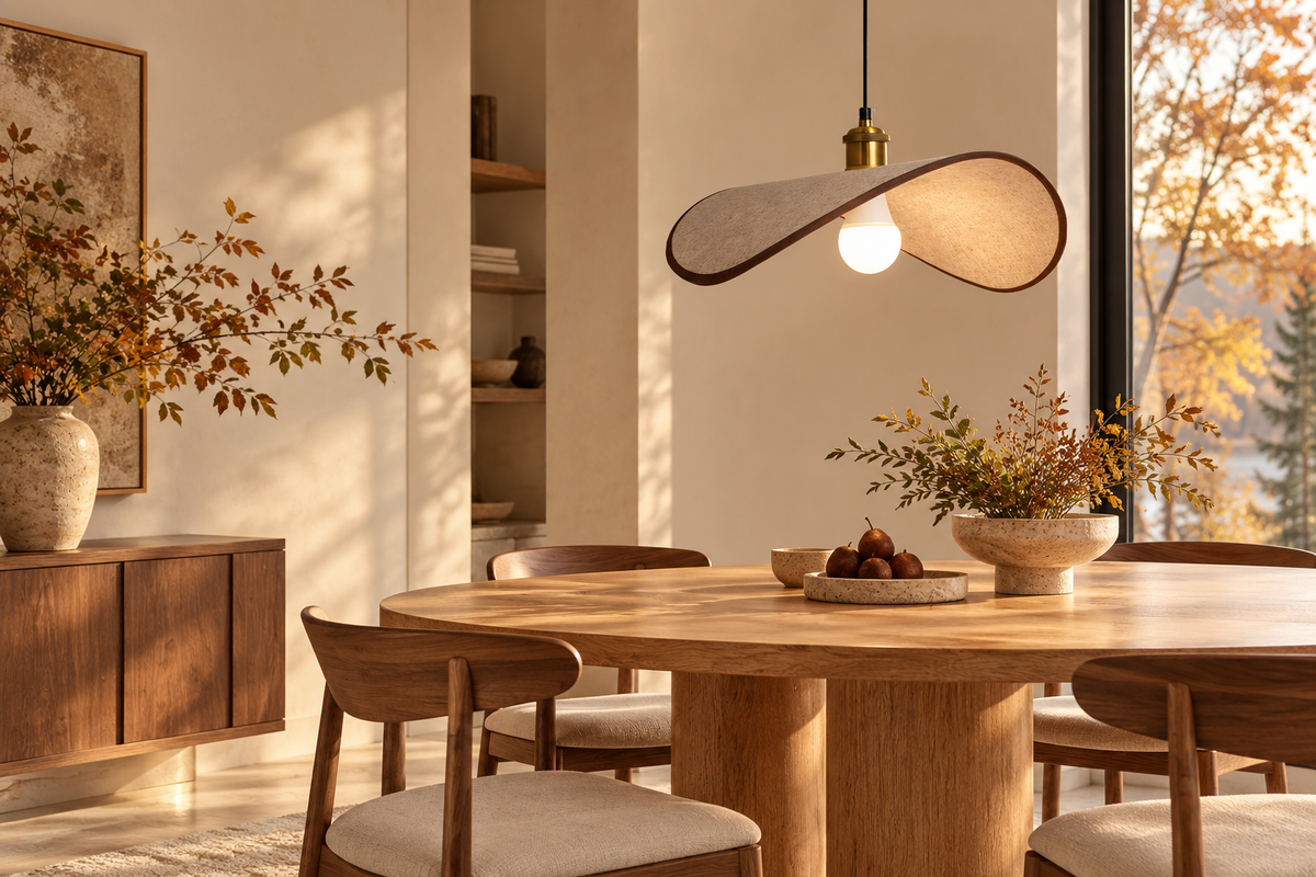 A softly lit living space with natural textures and warm neutral tones
