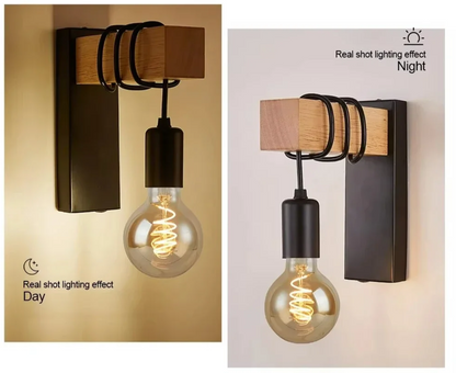 RetroLume – Vintage LED Wandlampe aus Holz & Eisen mit E27 | Industrial & Loft Stil-Leuchtezauber