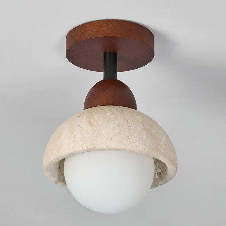 Travertine & Walnut Ceiling Light – Wabi-Sabi Japandi Flush Mount Lamp | Natural Ambient Interior Lighting