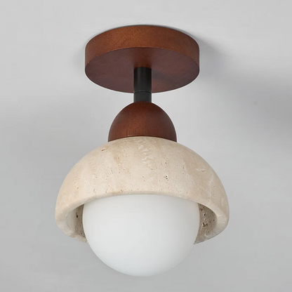 Travertine & Walnut Ceiling Light – Wabi-Sabi Japandi Flush Mount Lamp | Natural Ambient Interior Lighting