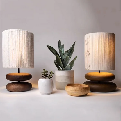 Japanese Wood Table Lamp with Jute Detail – Minimalist LED Bedside Light | Warm Zen Interior Lighting