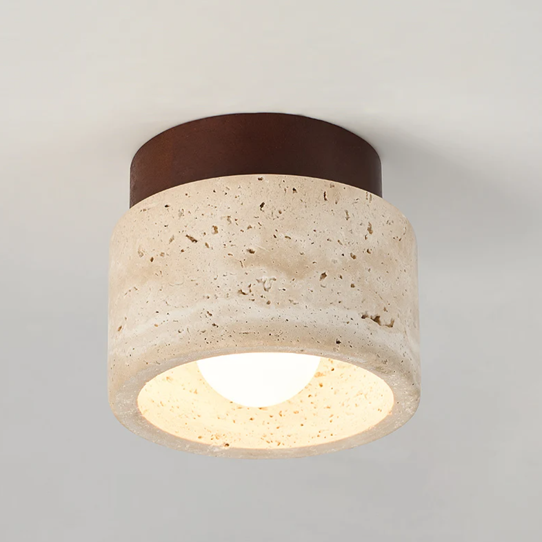 Travertine & Walnut Ceiling Light – Wabi-Sabi Japandi Flush Mount Lamp | Natural Ambient Interior Lighting