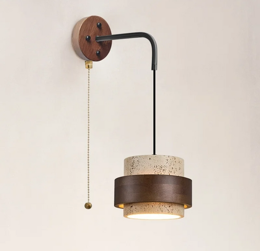Travero Pull Wall Light – Travertine Stone & Wood LED Lamp | Scandinavian Ambient Lighting | Natural Interior Elegance