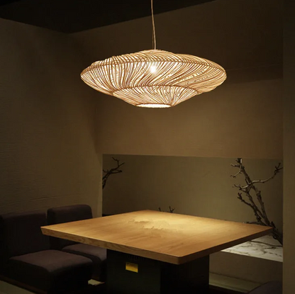 AetherRattan Pendant Light – Wabi-Sabi Rattan Ceiling Lamp | Japanese Nordic UFO Lighting for Elegant Interiors