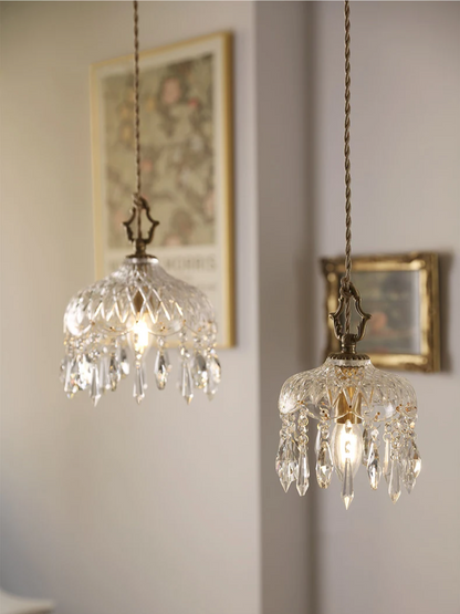 French Crystal Glass Pendant Light – Luxury Gold LED Chandelier | Elegant Ambient Lighting | Vintage-Inspired Statement Piece